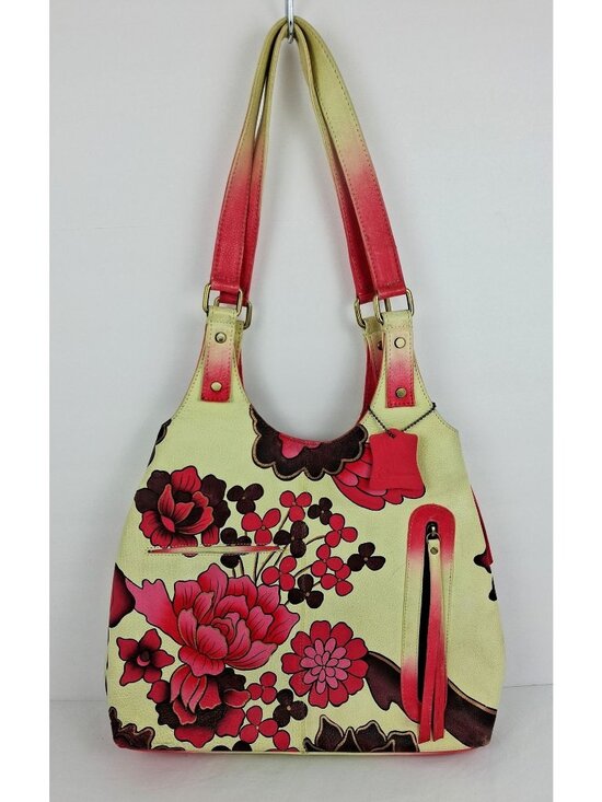 Unbranded Handbags - Retro 60s 70s Red Cream Floral Genuine Soft Leather Shoulder Bag Double Handle